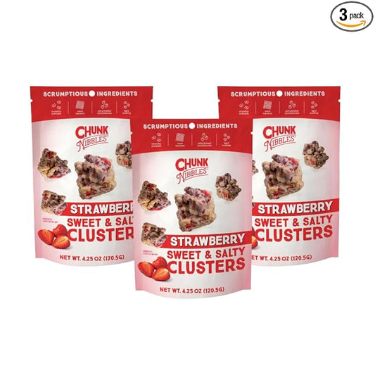 Chunk Nibbles Strawberry Snack Clusters - Real Freeze-Dried Strawberries, Pretzels & Corn Squares - Gourmet Fruity Sweet & Salty Snack, Handcrafted, No Artificial Colors - 4.25oz Resealable Pouch (3 Pack)