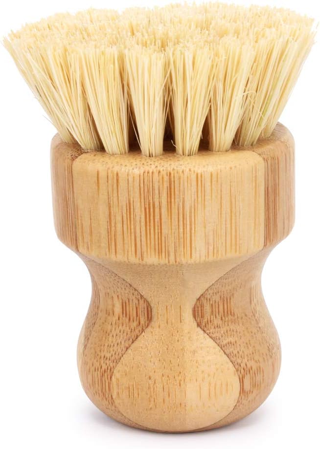 Ezeso Natural Bamboo Dish Scrub Brush Set 4 Piece, Wooden Pot & Bottle Brush