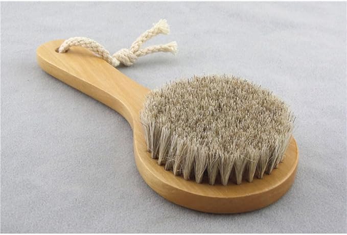 7.87” Short Handle Dry Bath Body Brush Scrubber, Wood Handle Soft Horsehair Mane Natural Bristles Shower Brush, Good for Cellulite, Detox, Exfoliating, Blood Circulation, etc.