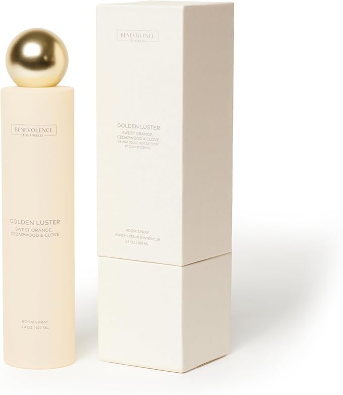 Benevolence LA Golden Luster Room Spray | Orange, Cedarwood & Clove | 3.4oz | Fall Home Fragrance, Pillow & Linen Spray | Low VOC, No Alcohol | Malibu Sands Collection