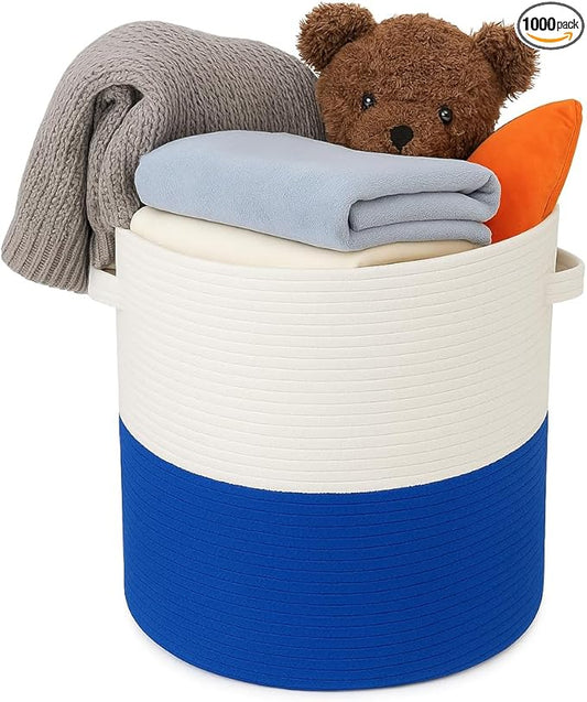 Cotton rope Storage Basket with Lid-Durable Woven Organizer with handles, Woven baskets, Multi-Purpose Storage Basket for Living Room,Closet or office(14x13 inches) (Blue+White)