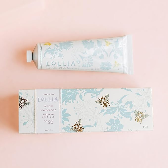 LOLLIA Wish Handcreme, 4 oz, Sugar Cane, Vanilla Bean, & Jasmine Scented Hand Cream for Women, Moisturizing Lotion for Dry Hands, Quick Absorbing Shea Butter & Cocoa Butter, Luxury Purse Essentials