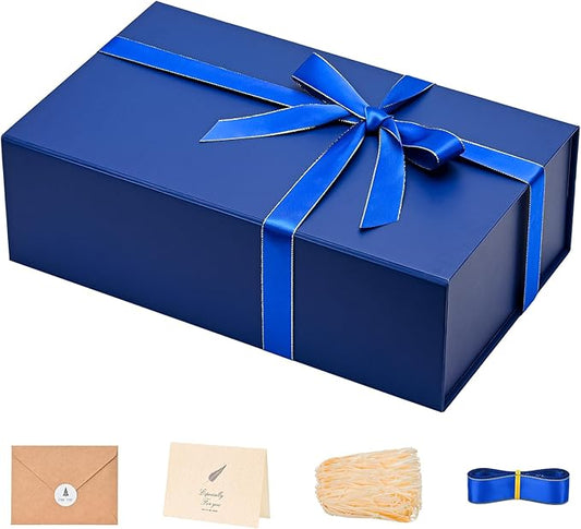 LIFELUM Navy Blue Birthday Gift Box for Men 13.8 x 8.3 x 4.4 inch, Groomsmen Proposal Gift Box for Presents with Lids Ribbon,Card,Shredded Paper Filler
