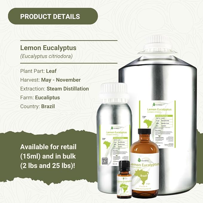 Lemon Eucalyptus Oil by Eucaliptus from Brazil - Pure Lemon Eucalyptus - 100% Pure Steam Distilled Natural Aceite de Eucalipto Limón - Aromatherapy - Premium Therapeutic Grade (22lbs)