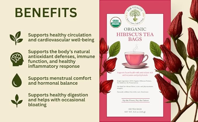Organic Hibiscus Tea (100 tea bags | 8 oz | 226g) - Supports cardiovascular well-being, menstrual comfort and hormonal balance