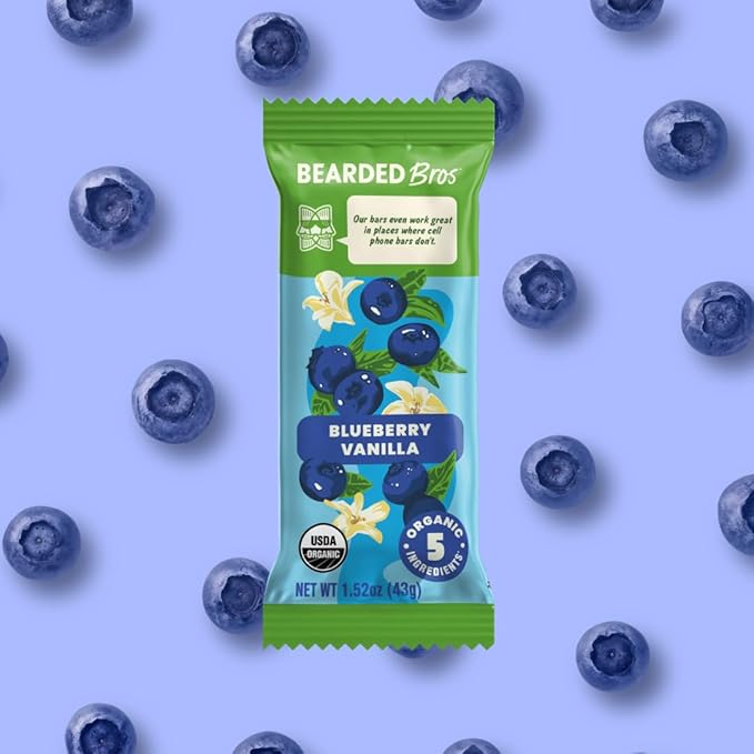 Bearded Brothers, Organic Vegan Protein Energy Bars, Blueberry Vanilla (12 Pack) - Gluten Free, Paleo, Fiber, Whole 30 | Non GMO Low Glycemic Snacks (Packaging May Vary)