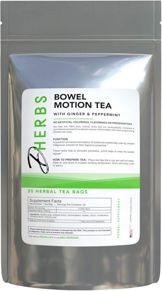 Dherbs Bowel Motion Tea Detox Drink, 20 Herbal Tea Bags (1 Pack) - Made with Senna Leaf, Ginger Root, Peppermint & More for Colon & Stomach Cleanse