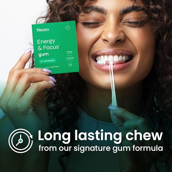 NeuroGum Energy & Focus Gum (90 Count Bag, Spearmint) | 40mg Natural Caffeine + L-Theanine + Vitamin B12 & B6 + Xylitol | Sugar Free Nootropic Cognitive Brain Performance Supplement