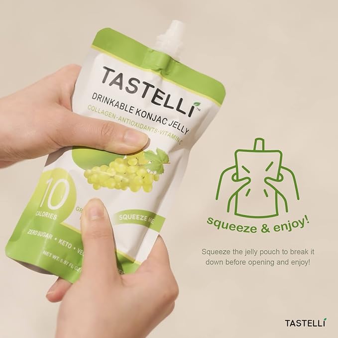 Konjac Jelly Infused with Collagen Drink + Vitamin C + Antioxidants / 10 Calories, Vegan, Zero Sugar/Healthy Drinkable Dessert Pouch / (Apple + Green Grape) - 150mL x 10 Pouches