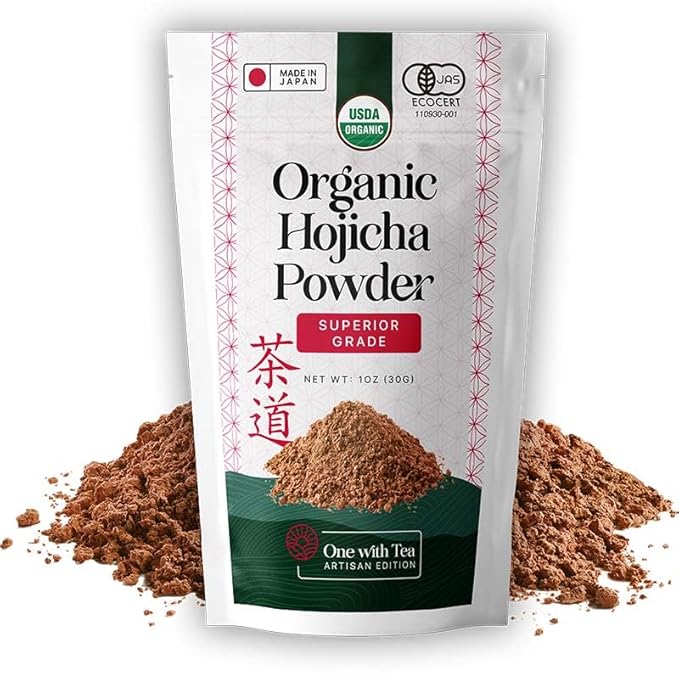 ONE WITH TEA Organic Hojicha Powder, Roasted Matcha Green Tea Powder, Hot or Iced, Made in Japan, Organic Hojicha 2 OZ