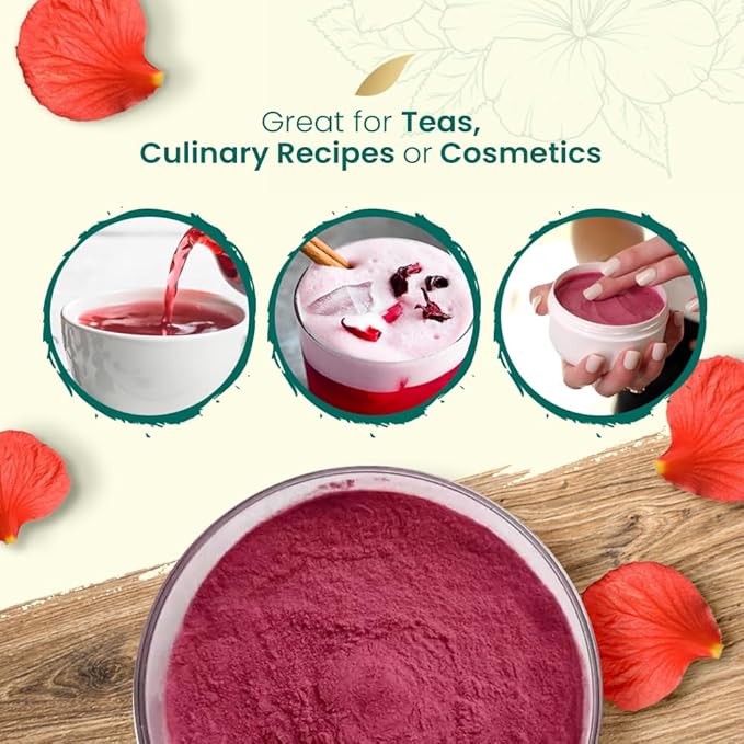 Hibiscus Powder - Natural and Premium Quality - For Hair, Face, and Skin - Perfect For Food and Drinks - Caffeine-free, No Additives (8 oz.)