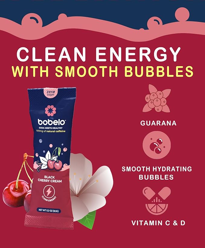 Bobelo Black Cherry Cream Energy Drink Powder, Sugar Free, Electrolytes with Guarana Caffeine, 15 Count
