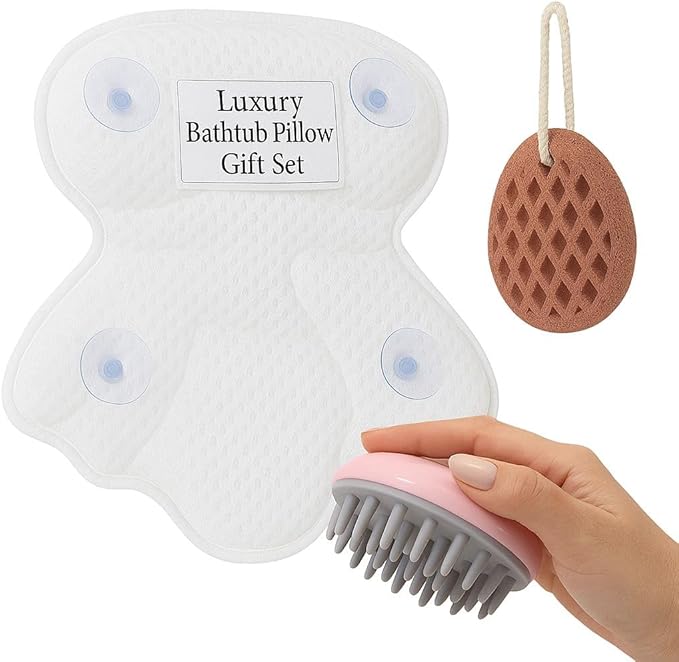Bath Pillows for Tub, Luxury Bathtub Pillow Gift Set: 4D Air Mesh Cushion for Head & Neck, Spa Relaxing Accessories, Plus Bath Sponge & Scalp Massage Brush, Gift Bag