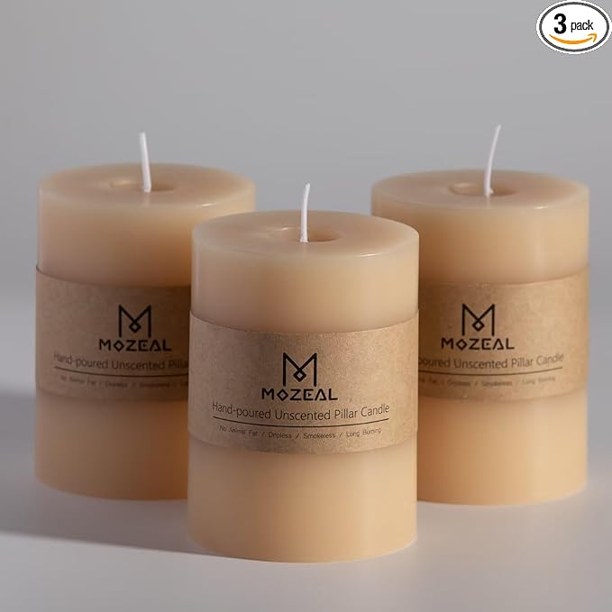 MOZEAL 3" x 4" Hand-Poured Unscented Beige Candle, Dripless Off White/Cream Pillar Candle Set of 3, Long Clean Burning, Approx 72 Hours Burn Time, Rustic Country Style, Home Decor