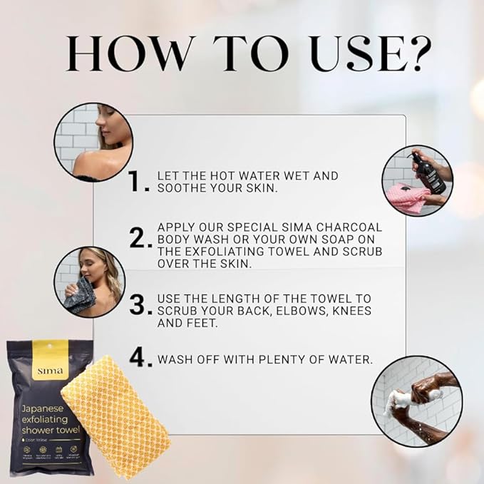 Exfoliating Washcloth Face & Body Scrub Towel - Japanese Exfoliating Towel with Hexagon Fibers, Body Scrubber with 2 Sides for Scrubbing & Washing, Extra Long Body Towel (Yellow)