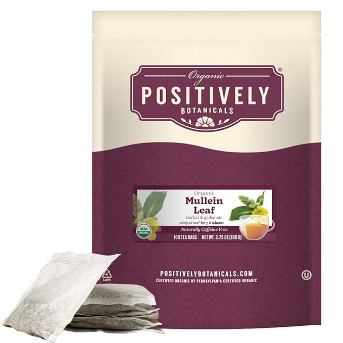 Organic Positively Botanicals Company, Mullein Herbal Tea Bags, 100 Count, Eco-Friendly Tea Bags, Non-GMO