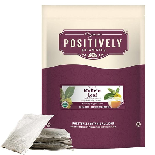 Organic Positively Botanicals Company, Mullein Herbal Tea Bags, 100 Count, Eco-Friendly Tea Bags, Non-GMO