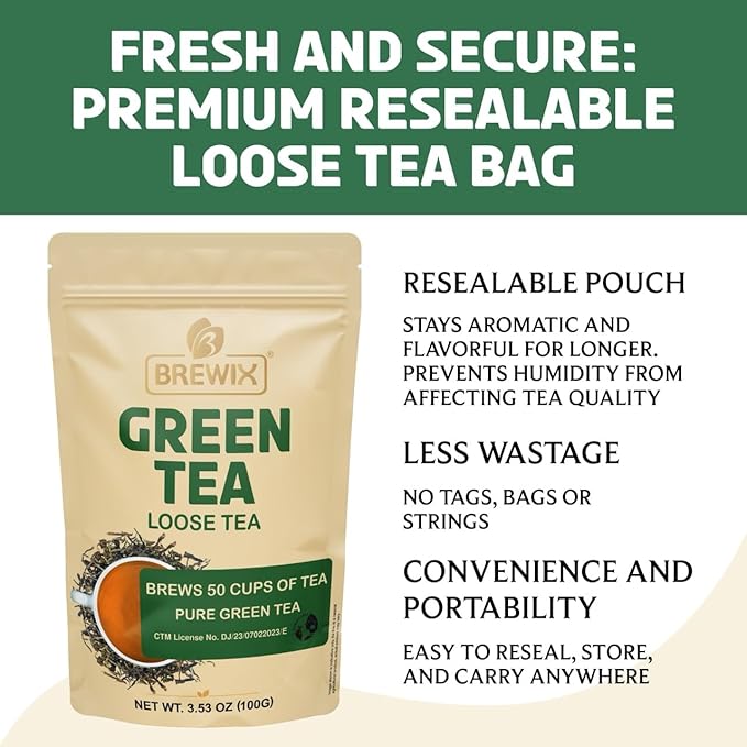 BREWIX, Green Tea Loose Leaf (50+ Cups, 3.53oz/100g) Gluten Free I High Elevation Grown Green Tea Leaves | Pure Single Origin Sourced Direct from India