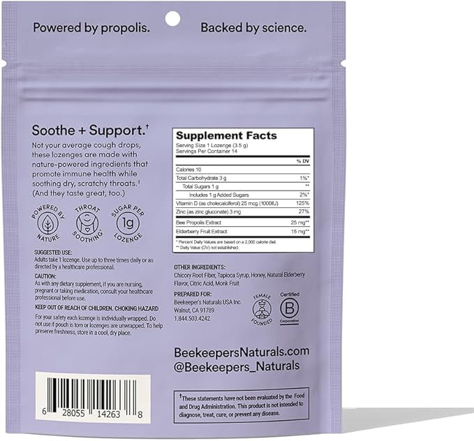 Beekeeper's Naturals Soothing Honey Elderberry Cough Drops Immune Support with Vitamin D, Zinc and Propolis Throat Soothing Lozenges, 14 Ct