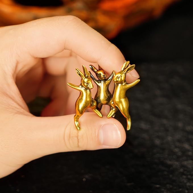CHOVY Dancing Rabbits Trio - 100% Solid Brass Sculpture, Vintage Whimsical Home Decor, Interlocking Joyful Bunny Figurine for Easter & Spring, Unique Gift Idea, Handcrafted Collectible Art Piece
