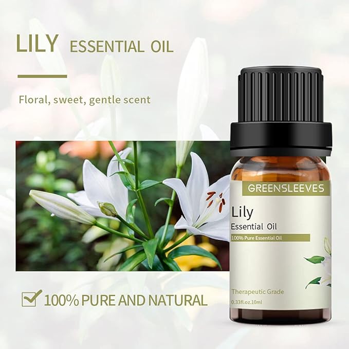 GREENSLEEVES Rose and Lily Essential Oil Set, 100% Pure Oils for Diffuser, Humidifier, Massage - 2 x 10ml