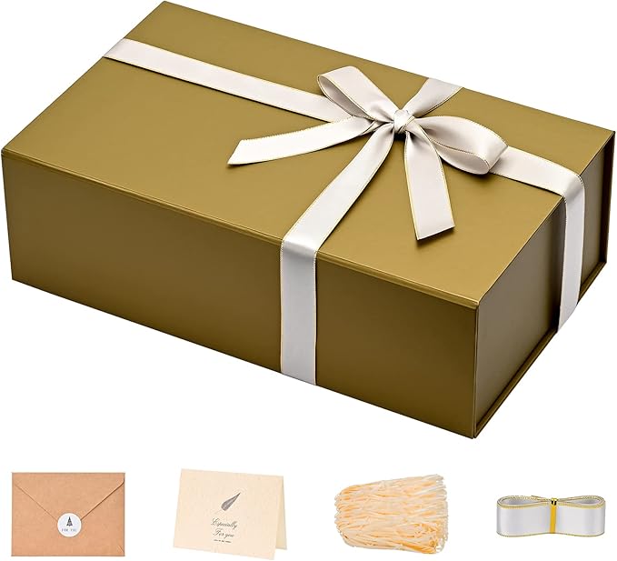LIFELUM Empty Gift Boxes 1 Pack 13.85 x 8.35 x 4.45 inch Rectangle Collapsible Box with Magnetic Lid and Ribbon,Card,Shredded Paper Filler
