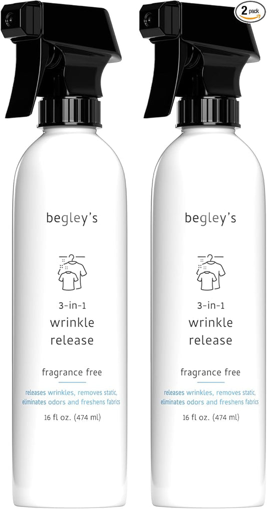 Begley's 3-in-1 Wrinkle Remover, Quick Fix Wrinkle Release, Static Cling Remover, Odor Eliminator and Fabric Refresher Spray - USDA Certified Biobased - Fragrance-Free, 16 oz, 2 Pack