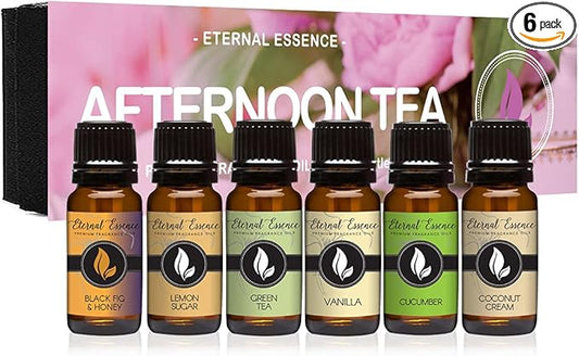 Eternal Essence Oils Afternoon Tea Set of 6 Premium Fragrance Oils - Includes Green Tea, Black Fig & Honey, Cucumber, Lemon Sugar, Vanilla and Coconut Cream Scented Oils - 10ML