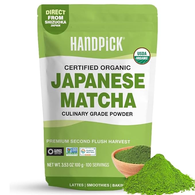 HANDPICK Japanese Organic Matcha Green Tea Powder (100 Servings) - Authentic Premium Second Flush Harvest | Resealable Ziplock Pouch