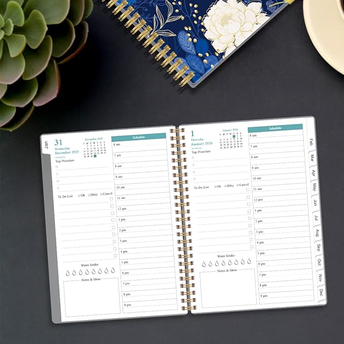 2026 Daily & Monthly Planner - One Page Per Day, Daily Planner 2026 from January 2026 to December 2026, Planner 2026 with 12 Monthly Tabs, 6.4" x 8.5", Blue Leaf