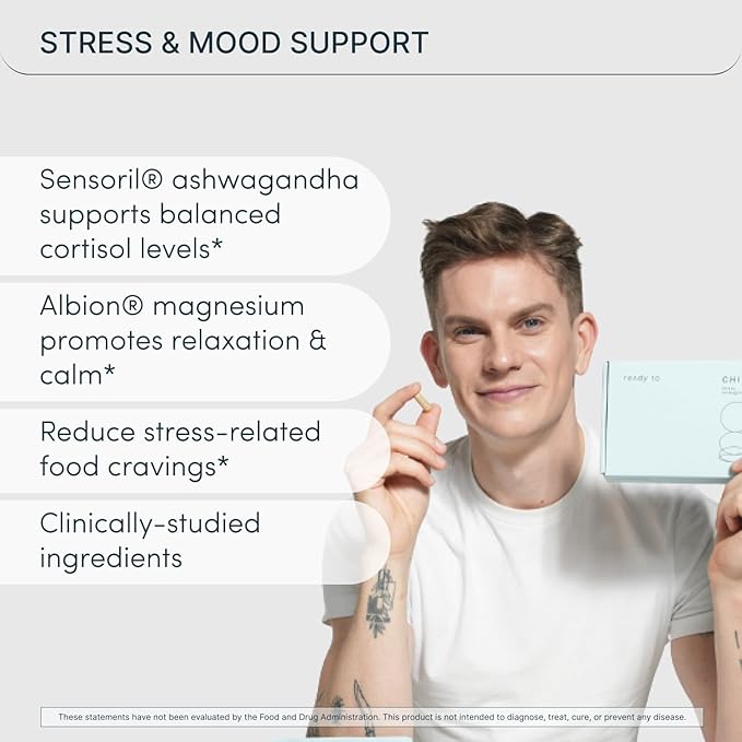 CHILL Stress Relief Supplement – Cortisol Health for Women & Men - Balanced Mood, Relaxation & Sleep – Magnesium, Ashwagandha, L-Theanine, B Complex – 60 Capsules 11/30/25 Expiration