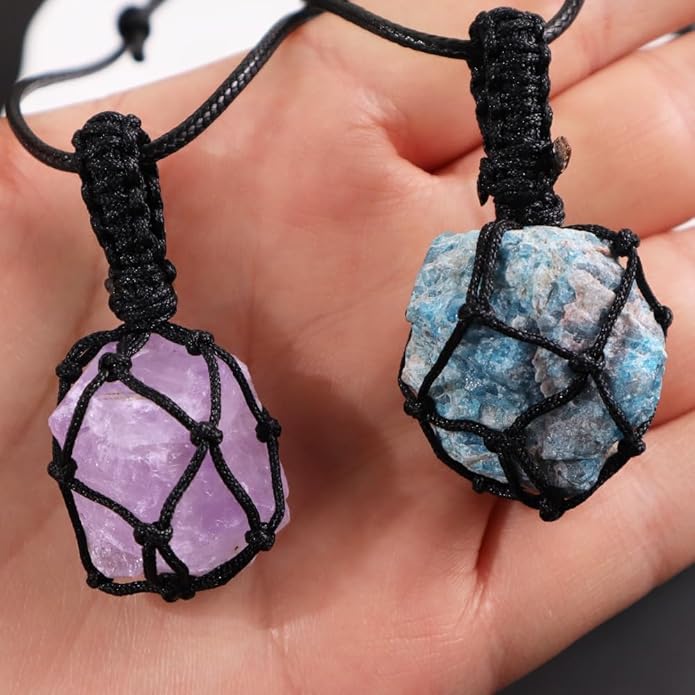 Handmade Natural Gemstone Crystal Pendant Necklace Stone Holder Necklace Cord Net Necklace with Adjustable Length for Women Men