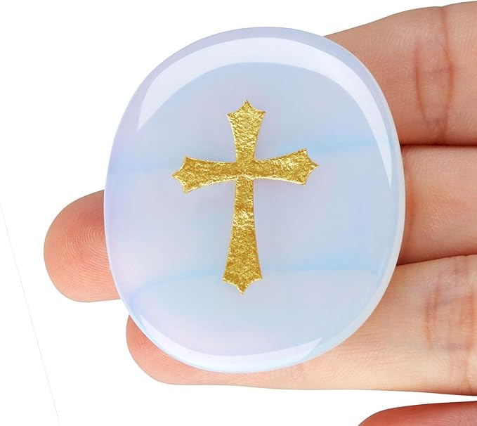 LAIDANLA Opalite Cross Engraved Healing Crystal Worry Stones for Pray Faith Anxiety Relief Oval Palm Stone Polished Natural Crystal Gifts