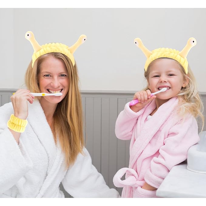 VELSCRUN Spa Headband, Makeup Face Wash Skincare Headbands, 5 Pcs Sponge Get Ready Snail Hairband Facial Wristband Hair Clip Set, Stuff for Teen Girls Women Trendy Hair Accessories Yellow