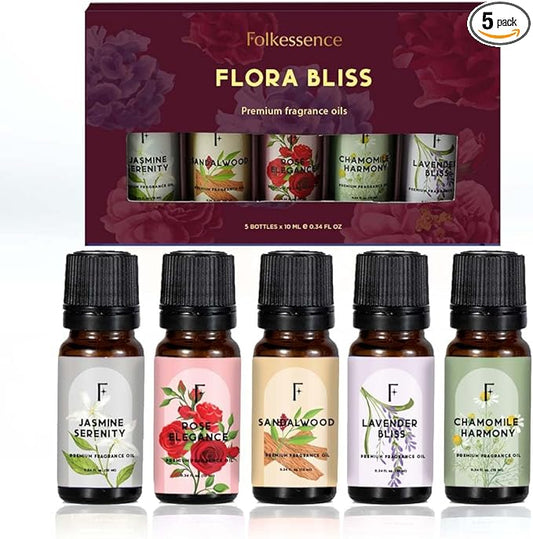 Folkulture Essential Oils for Home | Set of 5 (0.34 fl oz x 5) Sandalwood Essential Oil or Rose Diffuser Oils for Relaxation | Lavender Essential Oil or Chamomile Oil Scents | Jasmine Oil for Women