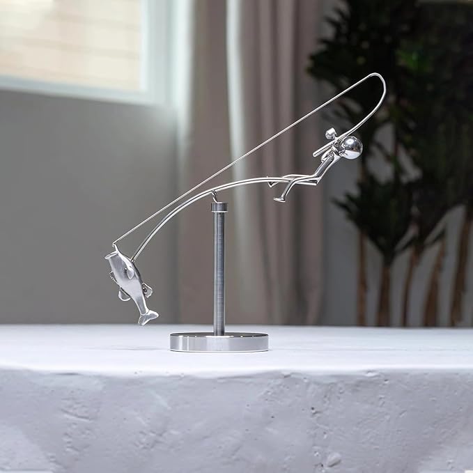 Kinetic Fishing Sculpture - Fisherman & Bass Balancing Art - Unique Metal Balance Sculpture for Home or Office Decor (Ski Ornament)