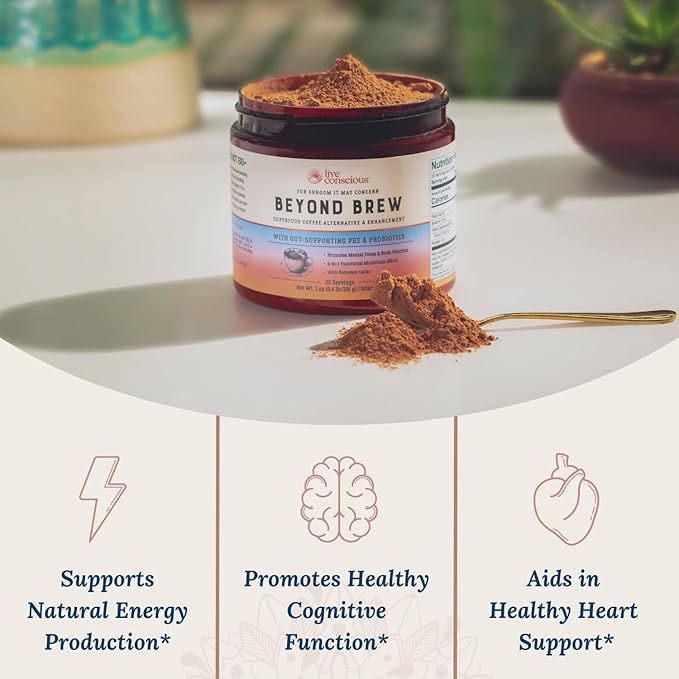 Live Conscious Beyond Brew - Superfood Coffee Alternative - Low Caffeine - Powerful Mushroom Complex - Lion’s Mane, Reishi, Cordyceps & Chaga for Sustained Focus, Energy & Immunity - Prebiotics & Probiotics Supports Gut Health - 30 Servings (3-Pack)