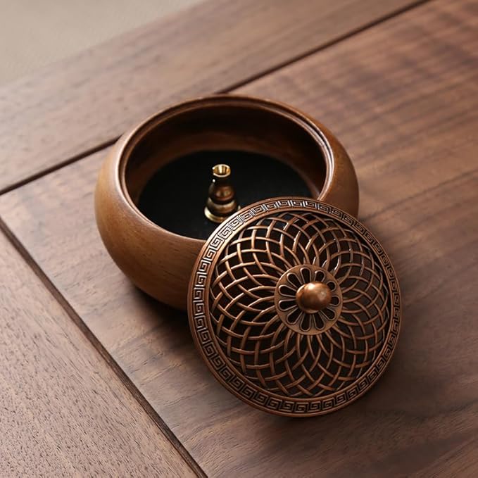 Round Incense Burner - Handcrafted Wooden Censer with Alloy Lid for Sticks/Cones/Sage, Natural Wood Aroma Tray Holder for Yoga Meditation