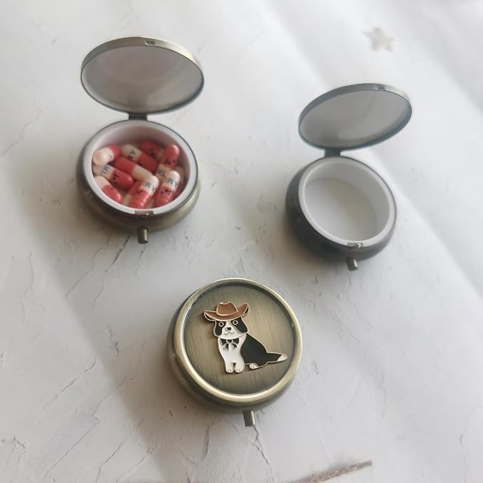 Cute Daily Pill Organizer Box - Round Metal Pill Box Medicine Pill Case Travel Weekly Vitamin Pill Organizer Small Pill Box for Purse, Mini Pocket Pill Case for Purse (Cutedog)
