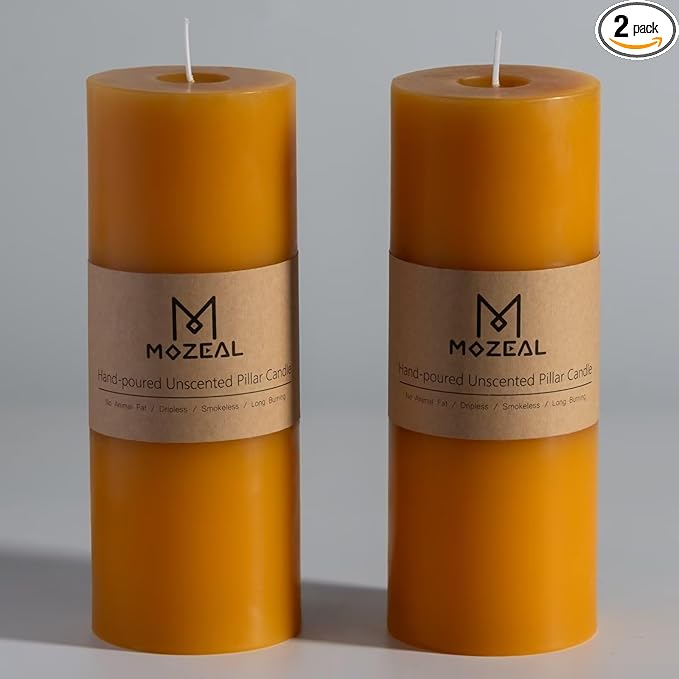 MOZEAL 3" x 8" Hand-Poured Unscented Large Candle, Smokeless Rustic Pillar Candle Set of 2, Slow Burn, No Drip, Approx 150 Hours Burning, Wedding,Harvest and Home Decorative, Tall Spicy Mustard Candle