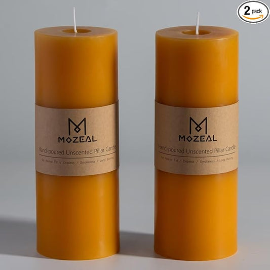 MOZEAL 3" x 8" Hand-Poured Unscented Large Candle, Smokeless Rustic Pillar Candle Set of 2, Slow Burn, No Drip, Approx 150 Hours Burning, Wedding,Harvest and Home Decorative, Tall Spicy Mustard Candle