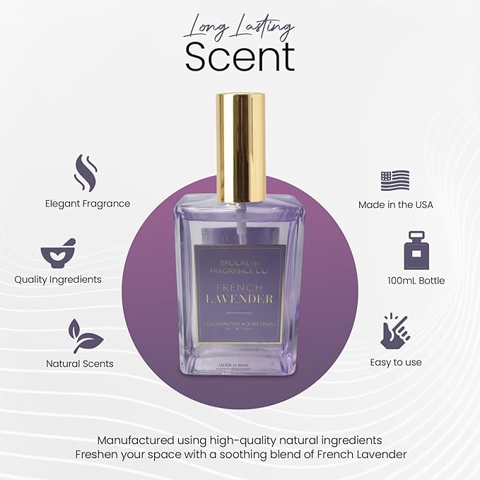 Brooklyn Fragrance Co. Everyday Room Spray – Premium French Lavender Scent - Long lasting Fragrance for Home, Office or Bathroom – Air Freshener Rectangle Spray bottle – 100 ml