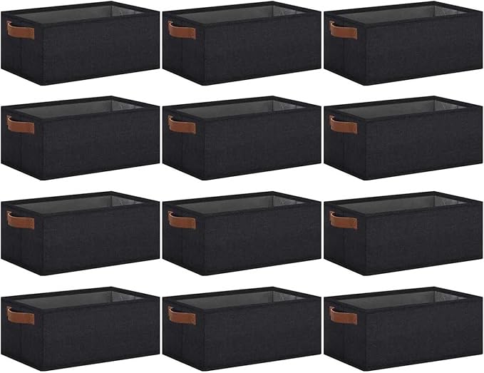 GhvyenntteS Small Fabric Storage Bins 12 Pack, 11.8" x 7.87" x 5.11" Storage Basket with Leather Handles, Closet Storage Bins for Shelves, Storage Baskets for Shelves, DVD Storage (Black)