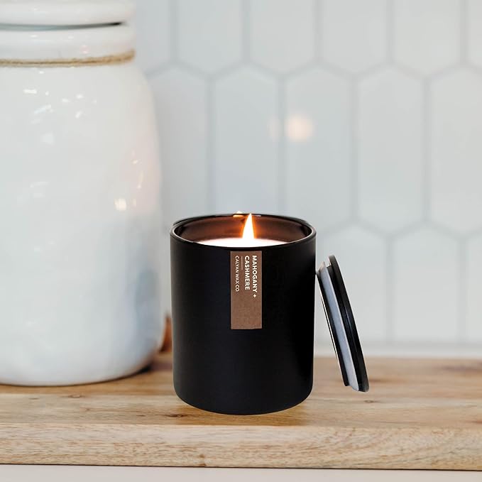 Calyan Wax Candle, Mahogany & Cashmere Scented Candle, 75 Hour Burn Time, Aromatherapy Soy Candles, Non Toxic & Vegan Soy Wax, Black Tumbler Scented Candles, 13oz
