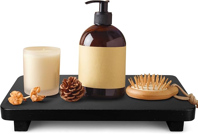 Black Bathroom Counter Organizer Wood Risers Display Pedestal Stand Farmhouse Wooden Dish Soap Dispenser Holder for Bathroom Decor Kitchen Countertop Trays Kitchen Sink Accessories Vanity Tray