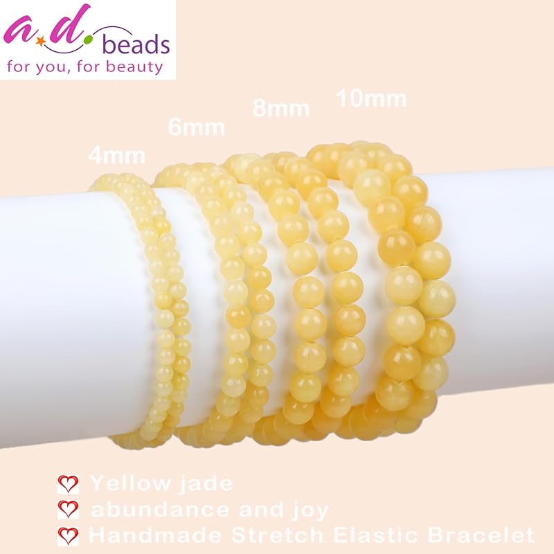 AD Beads Handmade Gemstone Stretch Elastic Bracelet Crystal Healing Reiki Nature's Beauty and Spiritual Essence Unisex (10mm, Yellow Jade (abundance and joy))