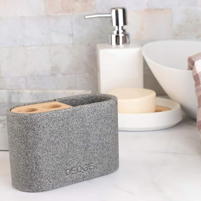 Dedge 3 Slots Bamboo Toothbrush Holder Electric Toothbrush Holder and Toothpaste Holder for Bathroom Countertop Accessories Storage,Toothbrush Holders for Bathrooms, Gray Sandstone Style Organizer