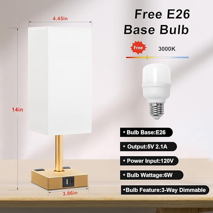 Gold White Touch Table Lamp - Bedside Lamp with USB A + Type C Charging Ports and Two AC Outlets, Small Night Stand with E26 LED Bulb, Desk Light for Bedroom Living Room Office Dorm