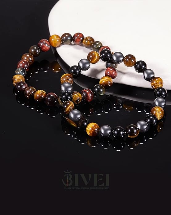 Bivei Natural Gemstone Semi Precious Healing Crystals Handmade Stretchy Round Beads Bracelet, Enhance Positive Energy