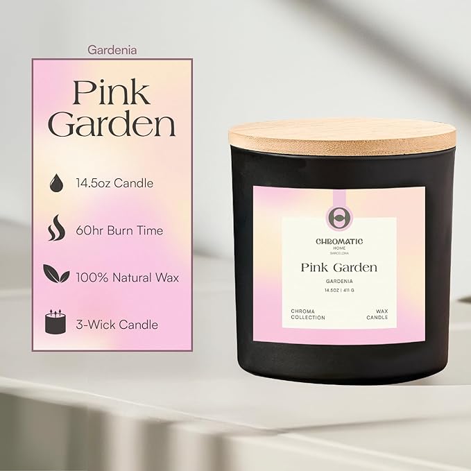 Gardenia Scented Candle for Women, Pink Garden 3-Wick Candle for Home Scented with Gardenia, 14.5 oz Coconut Soy Wax Candle with 60 Hour Burn Time